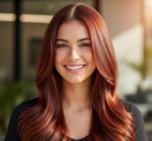 Femme aux cheveux sains et brillants après un traitement capillaire