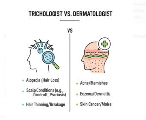 Diagramme comparatif des rôles d'un trichologue et d'un dermatologue