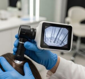 Trichologue examinant un cuir chevelu avec un trichoscope numérique